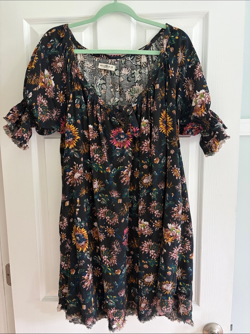 NATURAL LIFE Black Floral Short Sleeve Dress with Pink & Yellow Blossoms